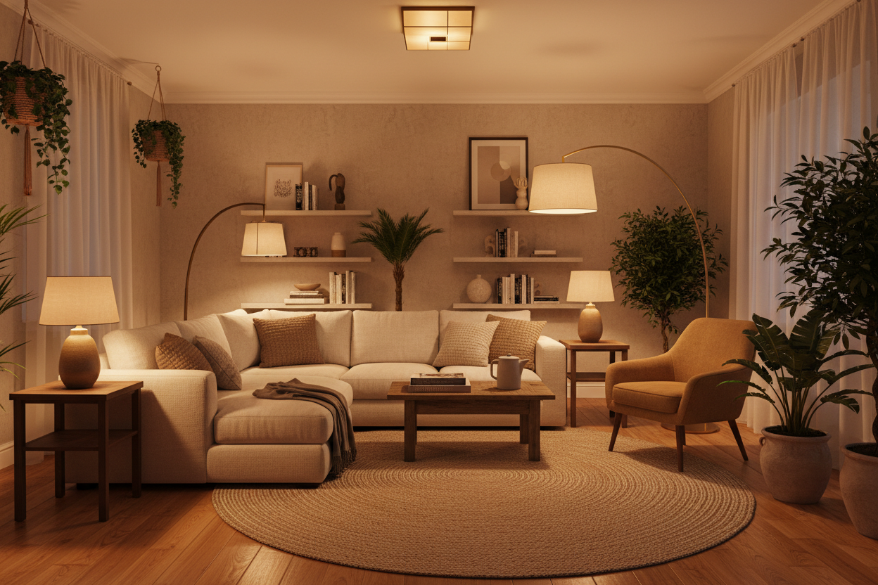 Ein Gemütlicher Wohnraum mit schöner warmer Ambiente Beleuchtung 